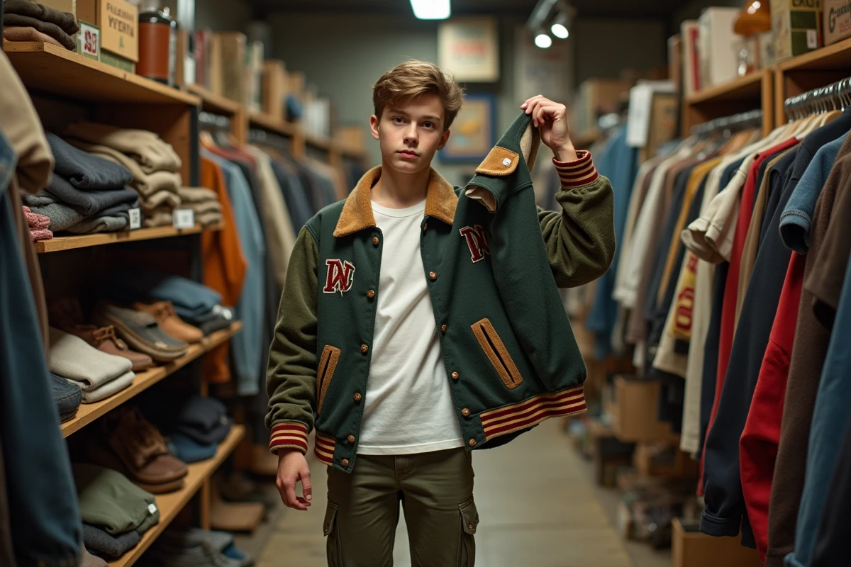 Adolescent explorant des vêtements vintage dans une friperie, illustrant la tendance de la mode durable chez les jeunes