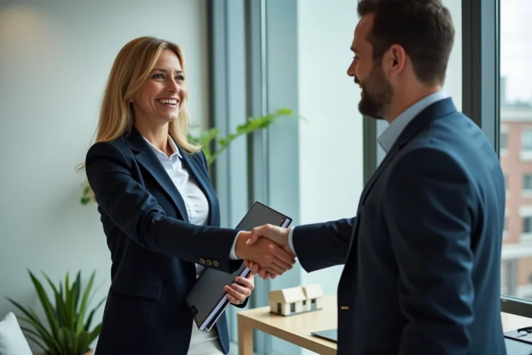 Agent immobilier et cliente signant un accord dans un bureau moderne pour vendre un bien immobilier