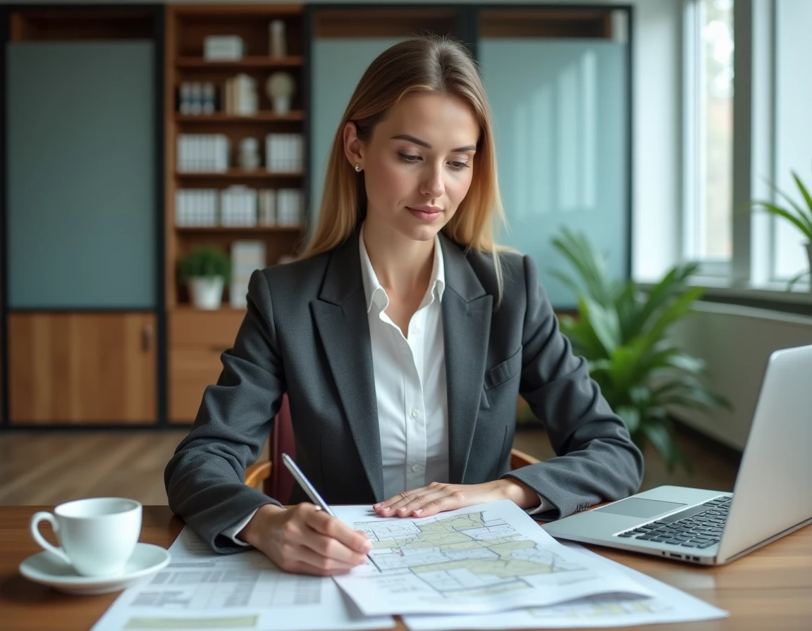 Agente immobilière analysant des cartes cadastrales et des données de prix fonciers sur un bureau dans une agence moderne