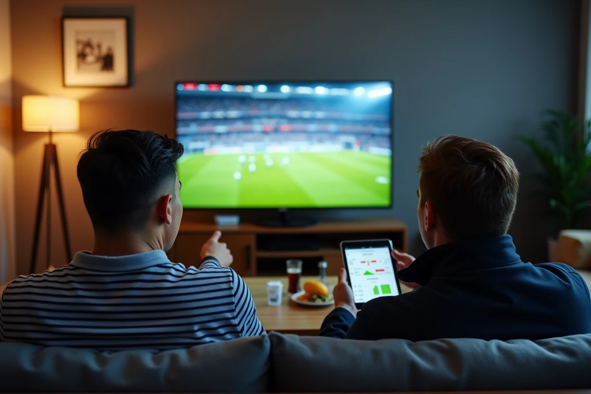 Deux amis consultant des alternatives de paris sportifs sur tablette devant un match de football