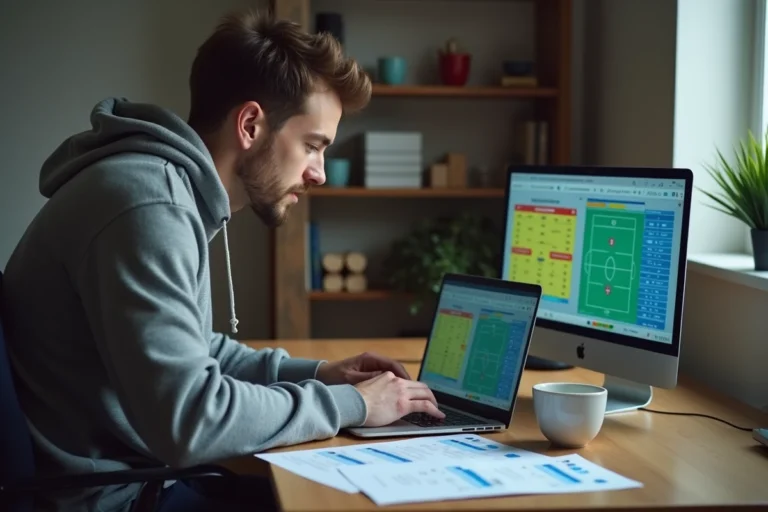 Homme analysant des statistiques de paris sportifs sur un ordinateur portable à domicile