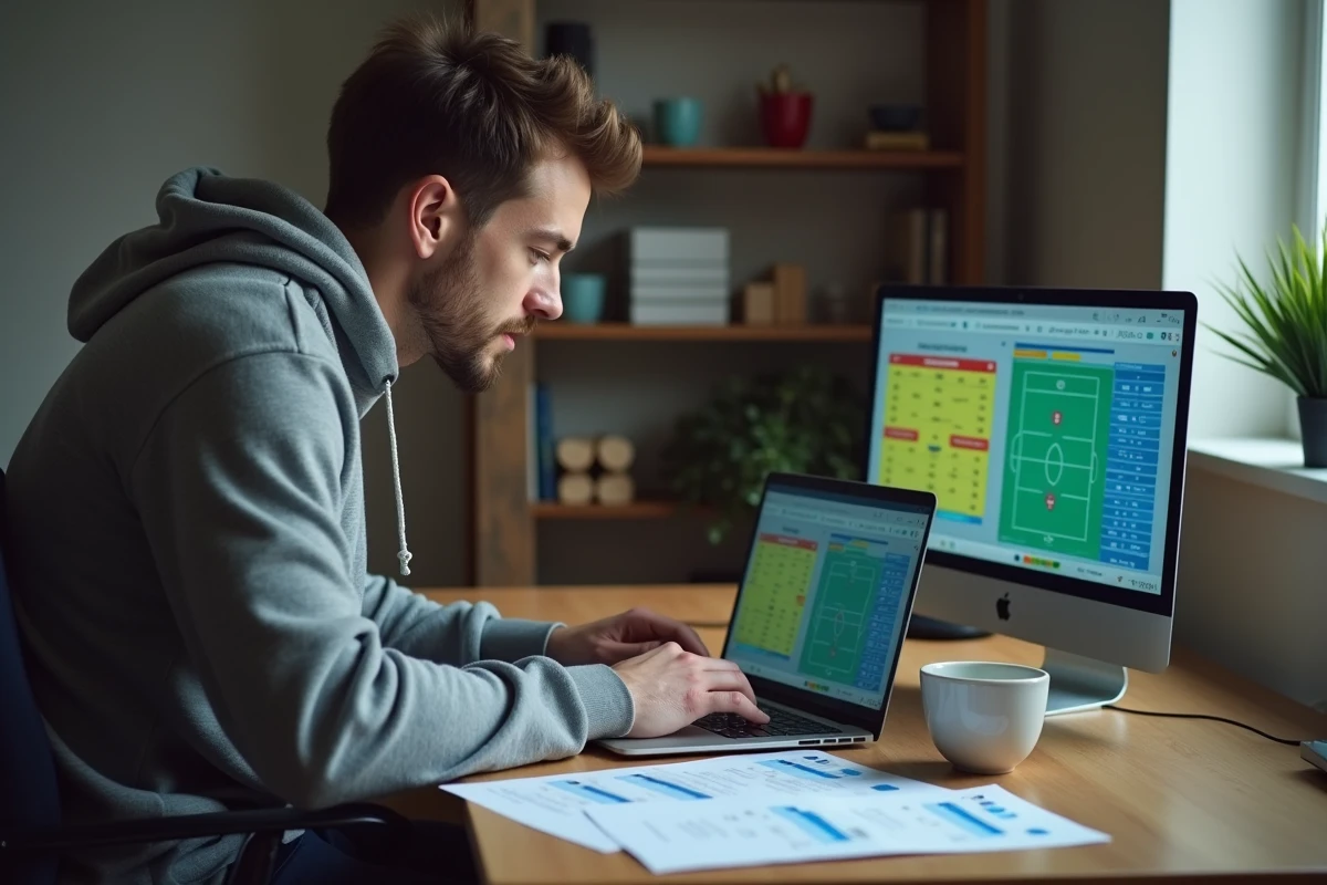 Homme analysant des statistiques de paris sportifs sur un ordinateur portable à domicile