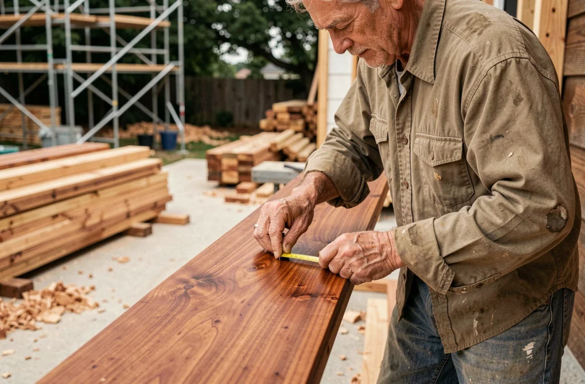 Artisan posant un bardage en padouk lors d'une rénovation extérieure, gros plan sur le travail du bois rouge naturel
