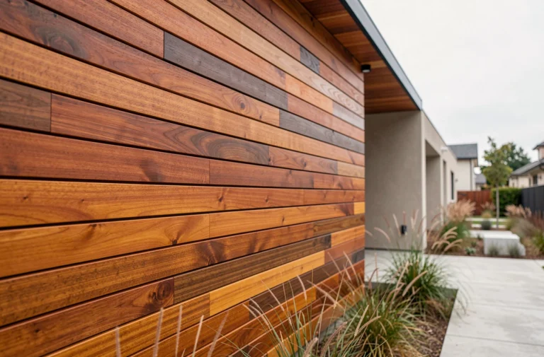 Bardage extérieur en bois de padouk sur façade contemporaine avec grain rouge-orangé naturel et finition élégante