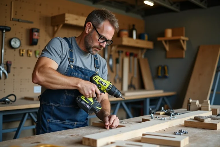 Bricoleur utilisant une perceuse sans fil Ryobi dans un atelier de garage bien équipé