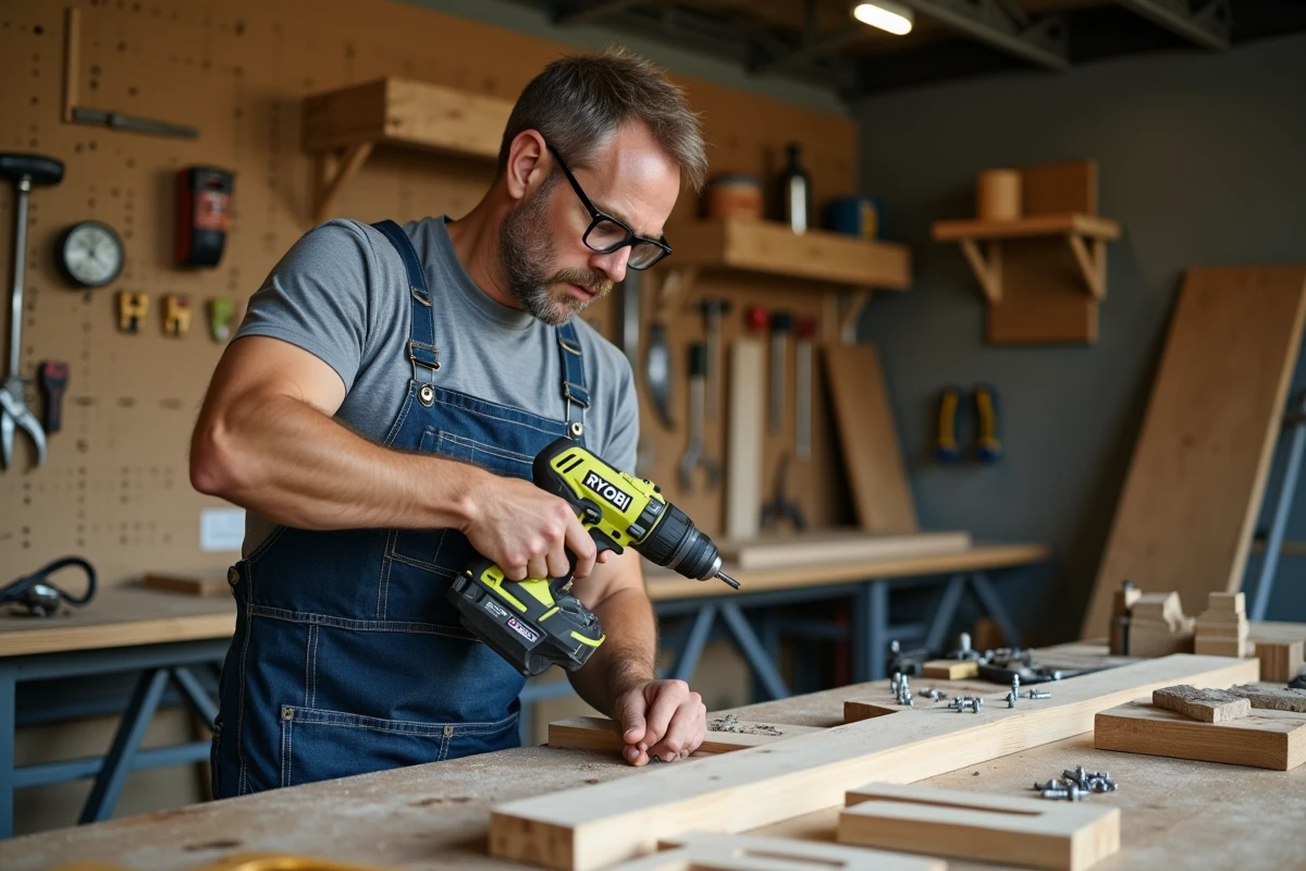 Bricoleur utilisant une perceuse sans fil Ryobi dans un atelier de garage bien équipé