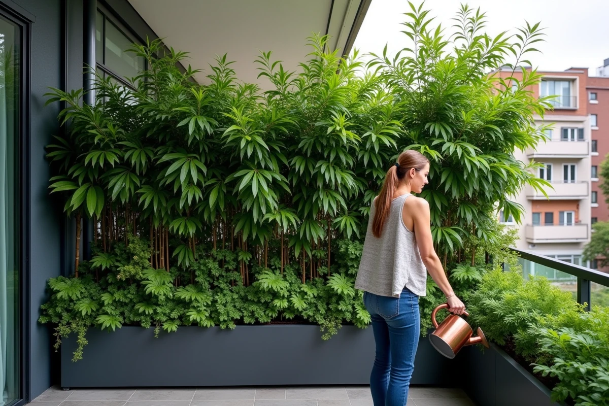 Brise-vue végétal composé de plantes en bacs sur un balcon d'appartement urbain formant un écran naturel contre les regards
