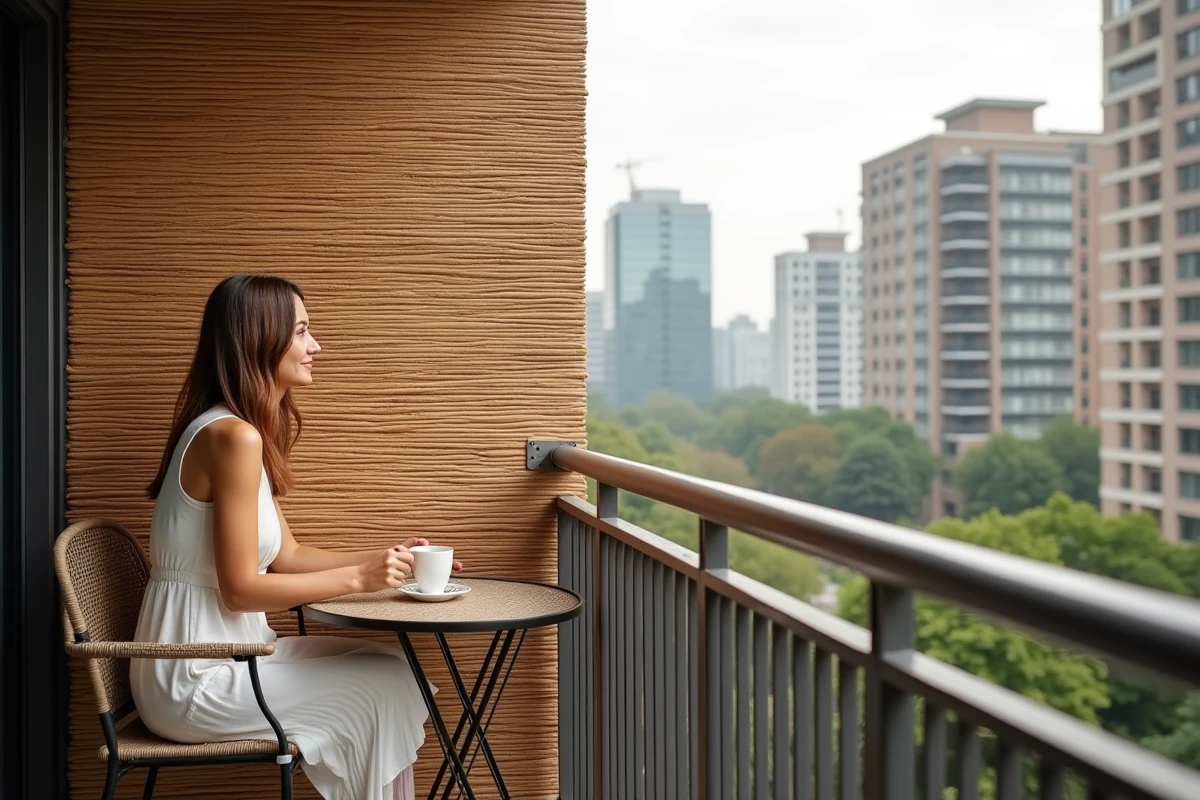 Canisse en roseau ou panneau en bois ajouré fixé au garde-corps d'un balcon urbain formant un brise-vue efficace
