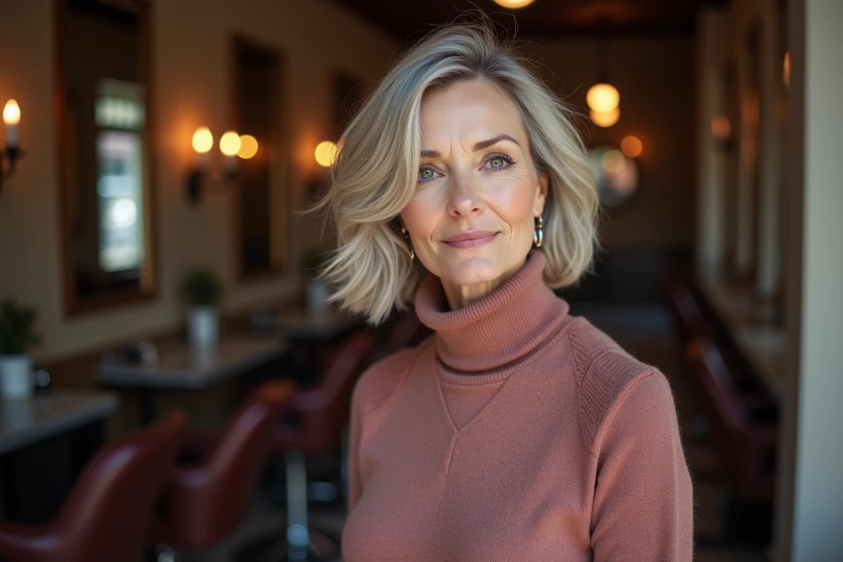 Femme de 65 ans avec un carré plongeant en cheveux fins blond cendré dans un salon de coiffure parisien vintage