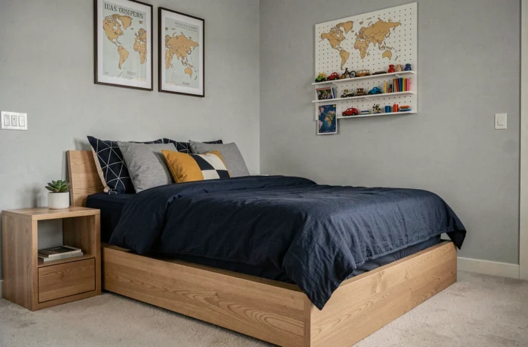 Chambre de garçon moderne avec lit plateforme bleu marine, coussins géométriques et décoration murale tendance