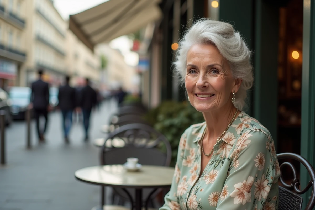 Femme distinguée de plus de 70 ans avec un chignon élégant sur cheveux fins blancs, assise en terrasse de café parisien