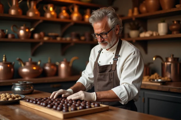 Chocolatier inspectant des pralines artisanales dans son atelier