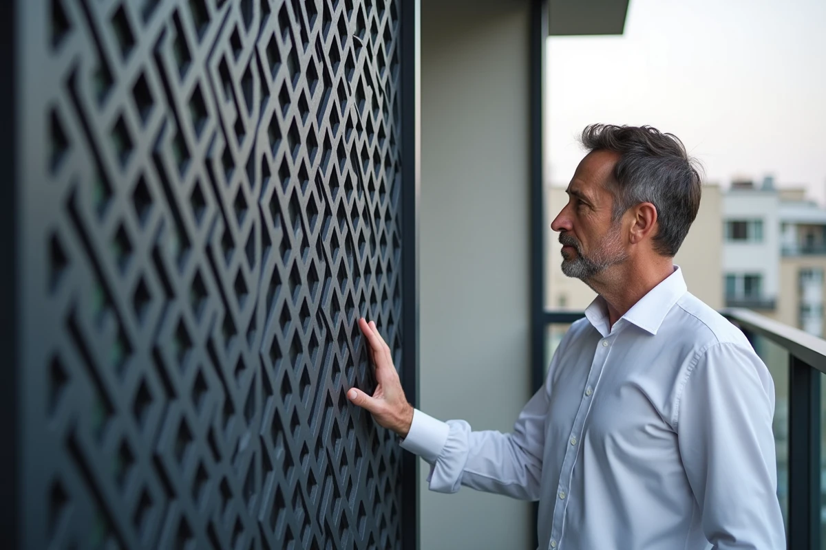 Claustra composite ou aluminium à motifs géométriques installé en façade résidentielle comme écran décoratif et brise-vue
