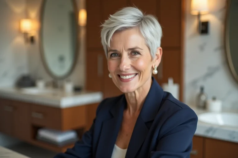 Femme élégante de 60 ans avec une coupe pixie courte en cheveux fins argentés, assise devant un miroir de salle de bain moderne