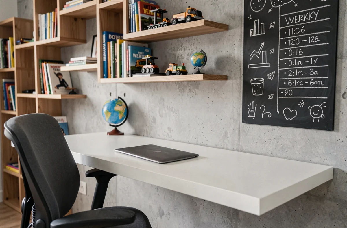 Coin bureau moderne dans une chambre de garçon avec étagères en bois, tableau noir et décorations tendance