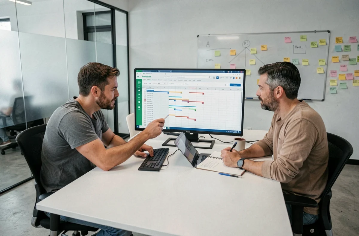 Deux collègues collaborant sur un tableau partagé en ligne de type Excel sur grand écran