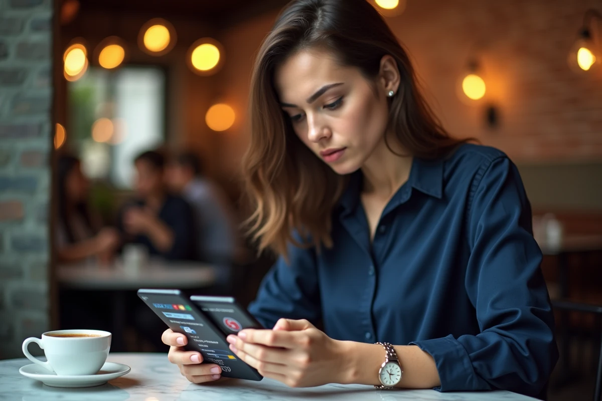 Femme comparant des sites alternatifs de pronostics sportifs sur smartphone dans un café