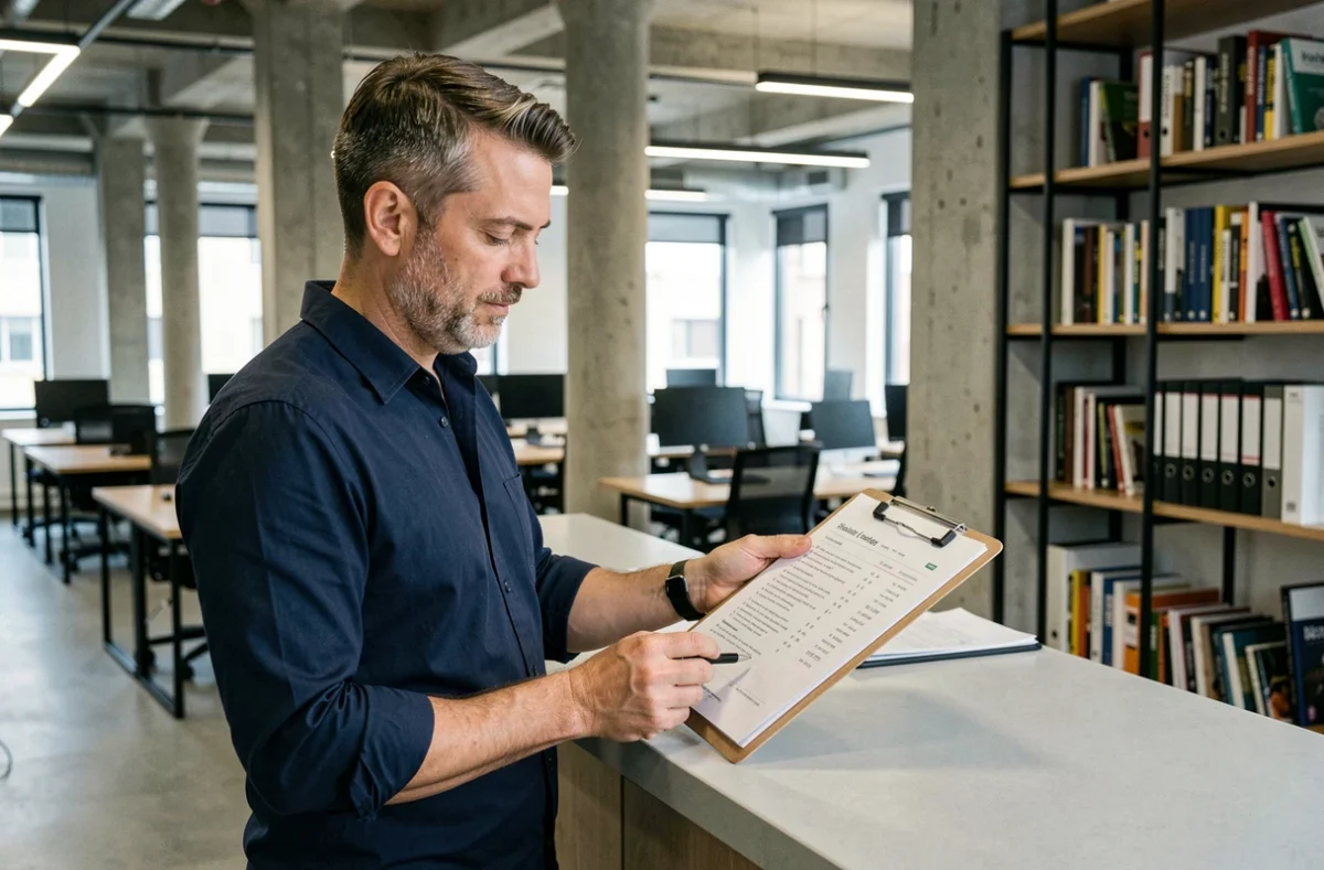 Homme consultant une liste de pages de site internet dans un espace de coworking moderne