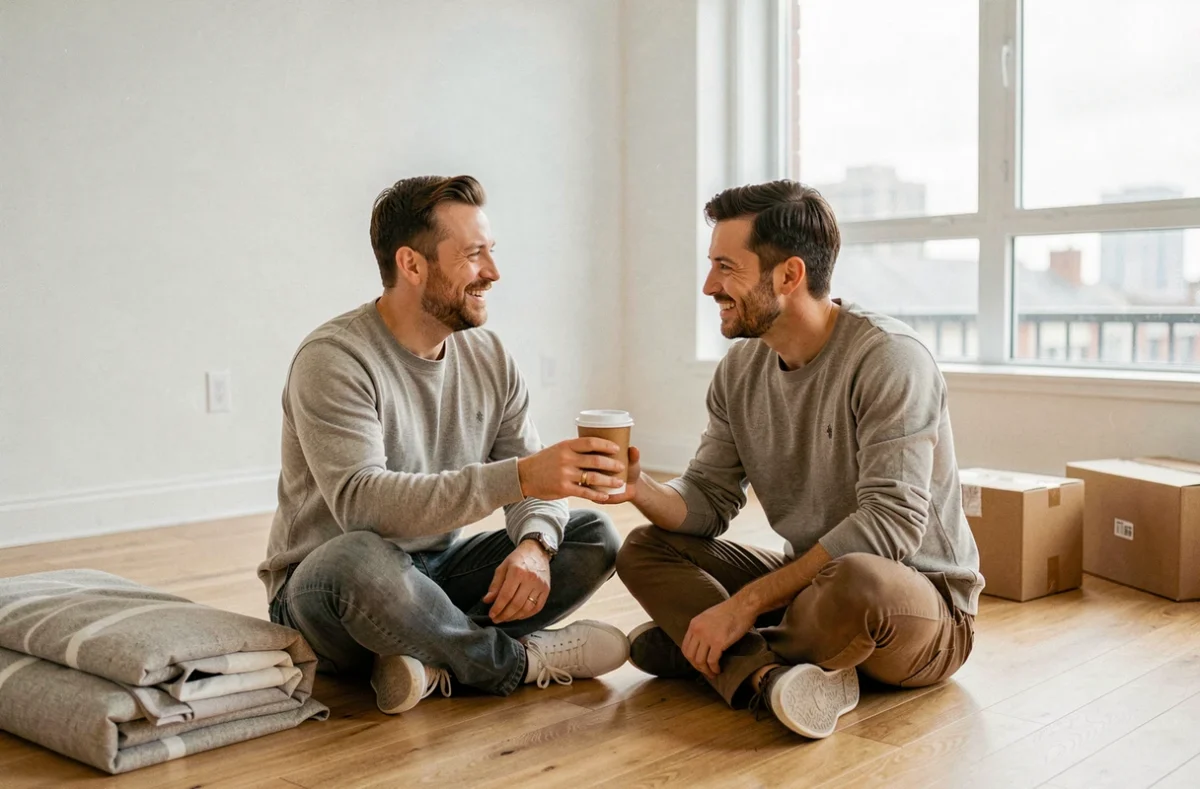 Couple souriant partageant un café assis sur le sol de leur nouvel appartement vide après un déménagement