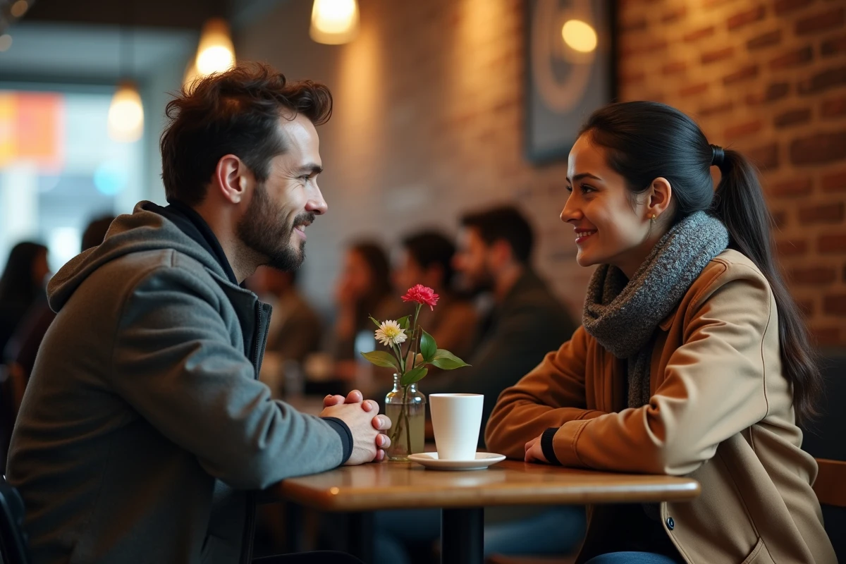 Couple dans un café, homme regardant une femme avec une expression sincère et attentionnée lors d'une conversation intime