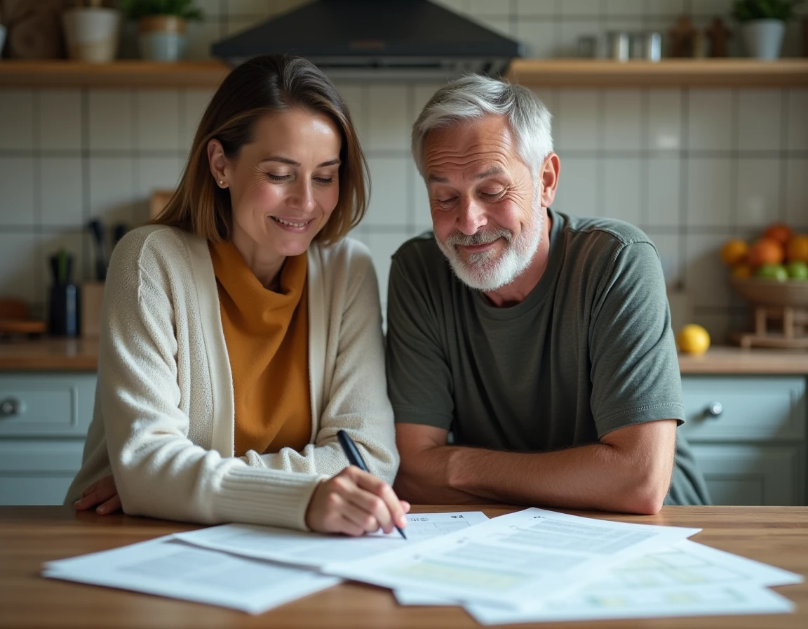 Couple consultant des documents de logement social à leur table de cuisine après une commission d'attribution favorable