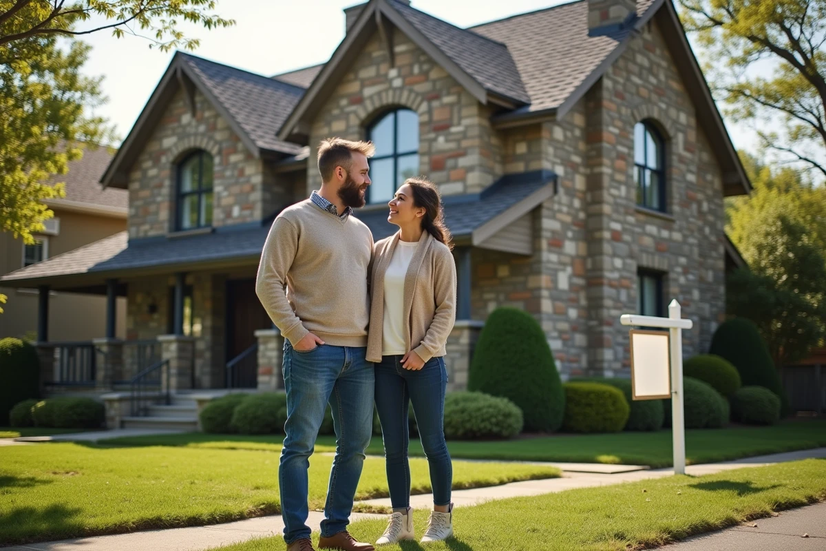 Couple devant une maison à vendre dans un quartier résidentiel, envisageant un achat immobilier