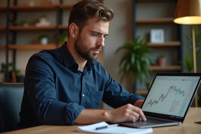 Homme analysant des graphiques boursiers sur un ordinateur portable dans un bureau à domicile moderne