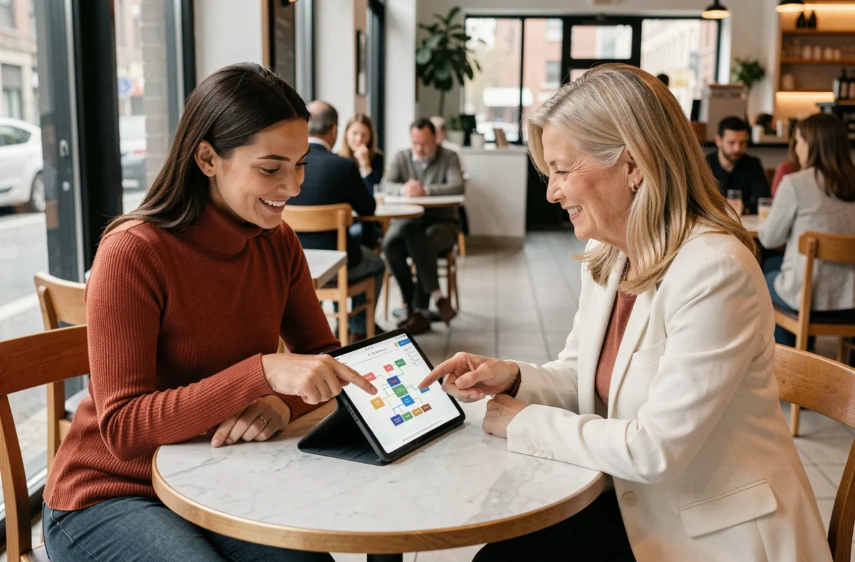 Deux femmes consultant ensemble la liste des pages d'un site web sur une tablette dans un café