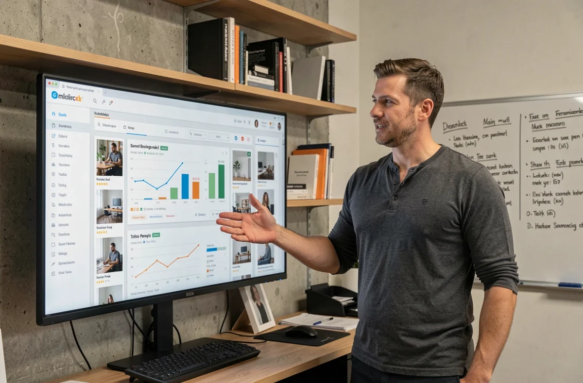 Entrepreneur masculin analysant un tableau de bord e-commerce dans un espace de coworking