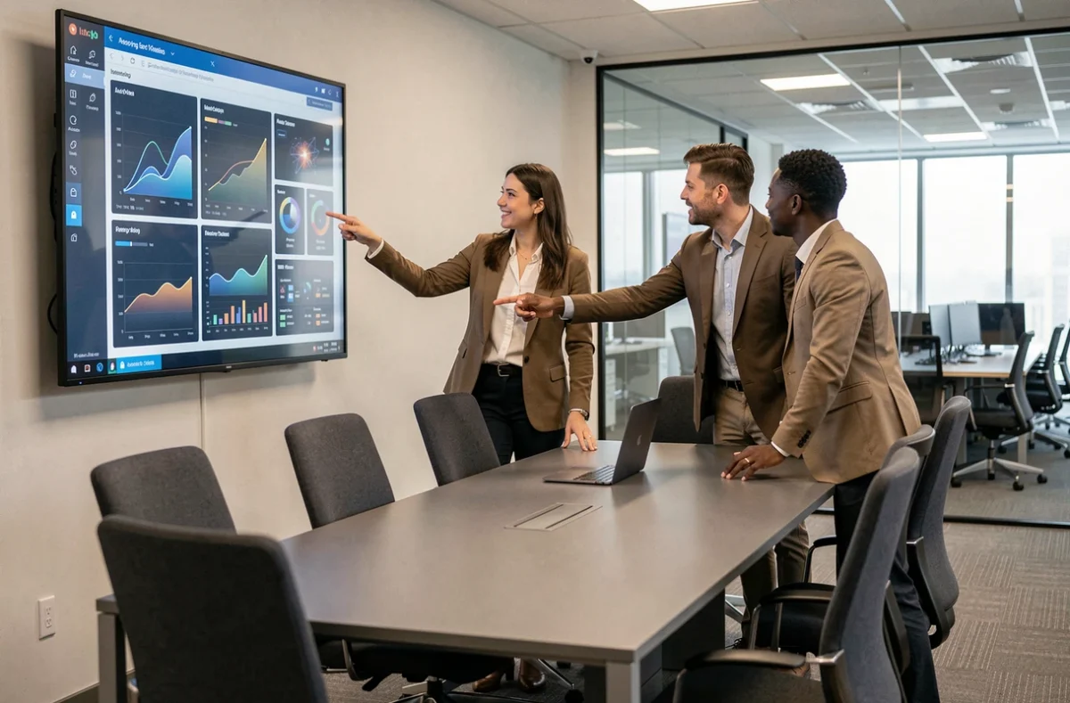Équipe de professionnels analysant des données sur un écran tactile en salle de réunion, symbolisant l'innovation technologique en entreprise
