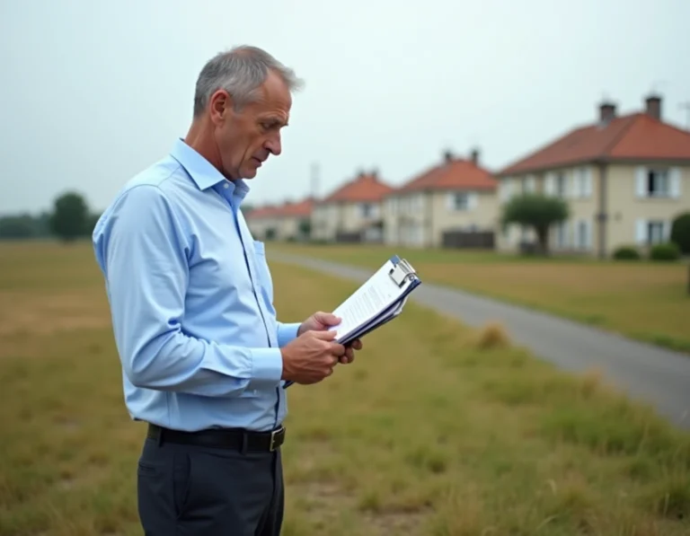 Expert immobilier évaluant un terrain à bâtir en périphérie d'une ville française avec des documents d'estimation foncière