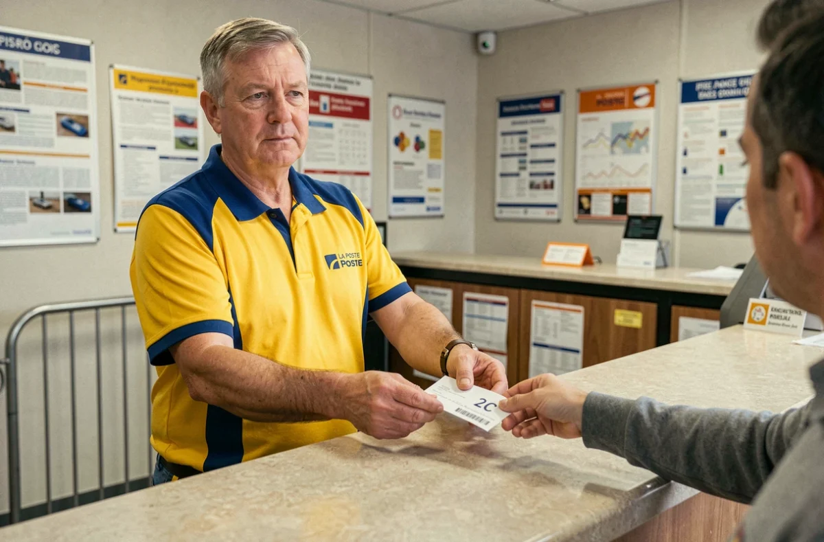 Facteur au guichet d'un bureau de poste remettant un avis de passage pour un recommandé 2C à un client