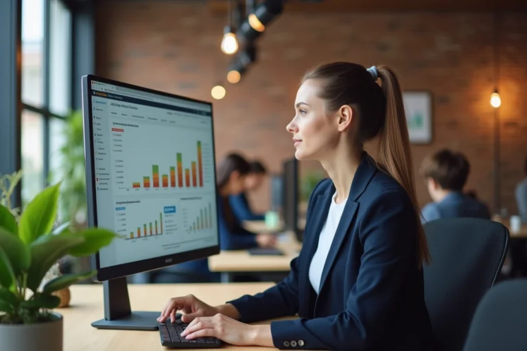 Une femme consultant un tableau de bord d'analyse SEO sur un écran d'ordinateur dans un bureau moderne
