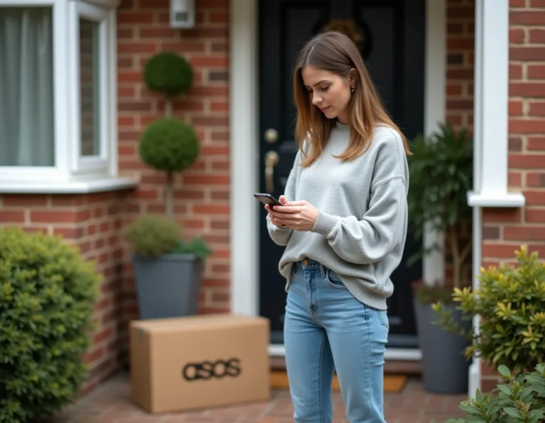 Jeune femme frustrée vérifiant le suivi de livraison Asos sur son smartphone devant sa porte d'entrée avec un colis posé au sol