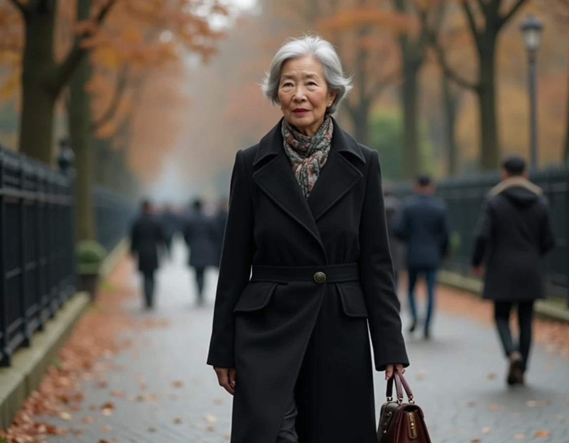 Femme élégante marchant sur une avenue européenne arborée en automne avec une allure discrète et déterminée