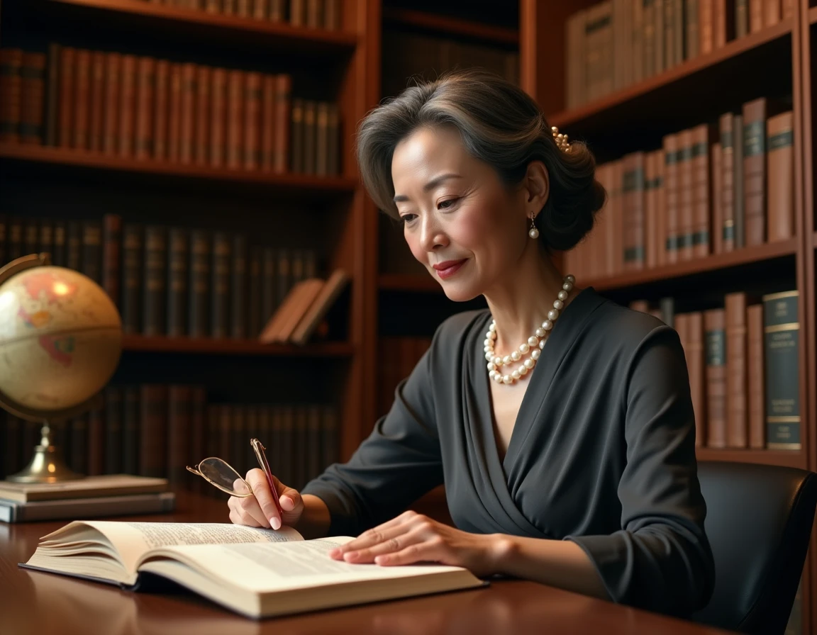 Femme cultivée lisant dans une bibliothèque privée luxueuse entourée de livres anciens