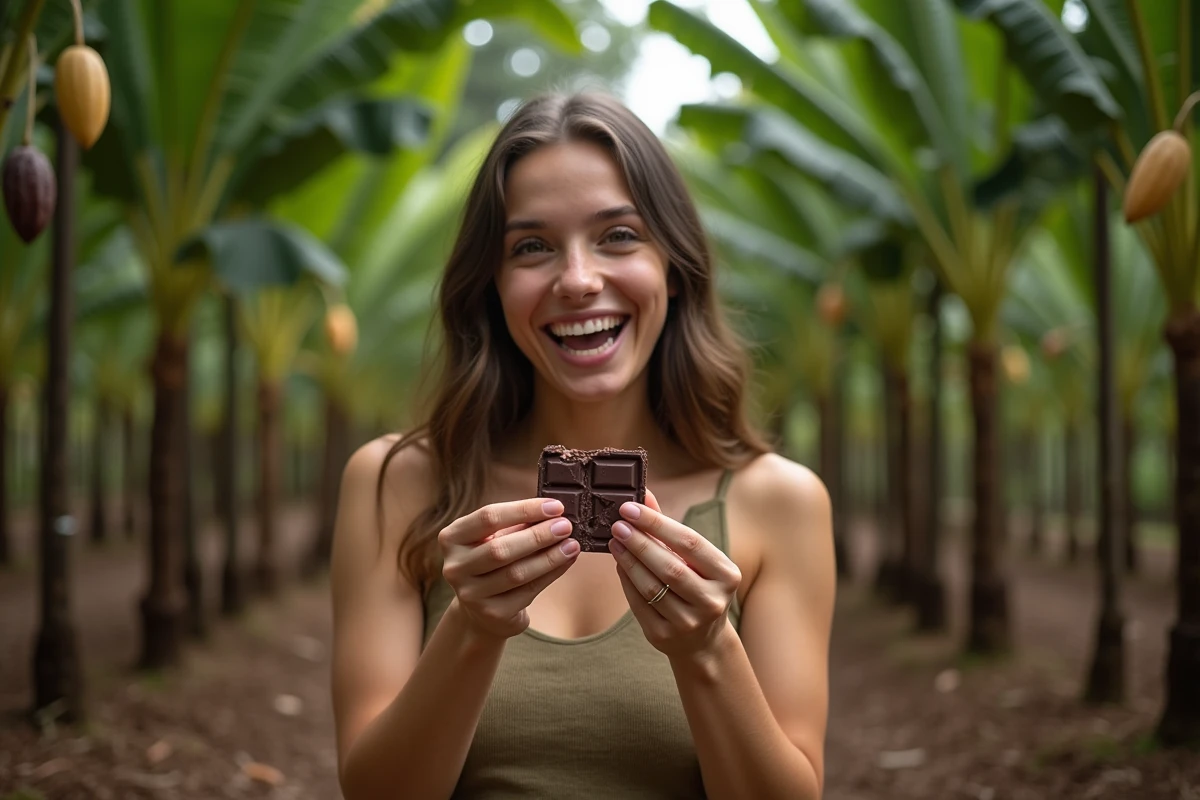 Jeune femme cassant un morceau de chocolat dans une plantation de cacao