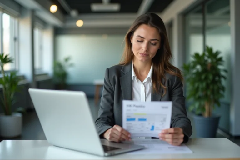 Femme cadre en entreprise consultant un bulletin de paie numérique Arkevia sur ordinateur portable et document papier au bureau