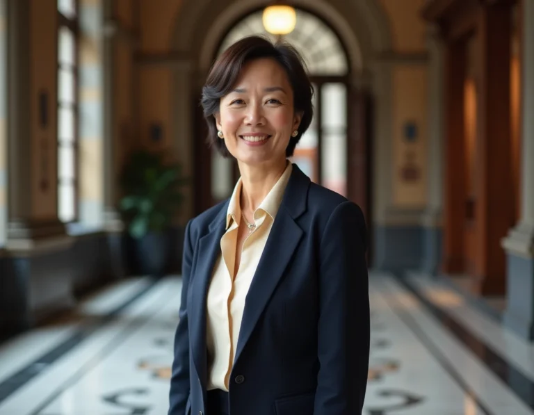 Femme élégante d'origine asiatique dans un cadre institutionnel classique symbolisant discrétion et raffinement