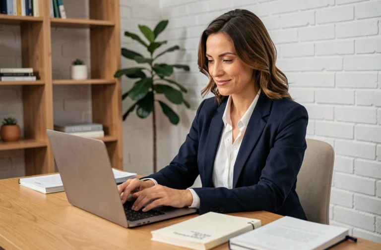 Femme entrepreneur travaillant sur son business en ligne depuis un bureau moderne à domicile