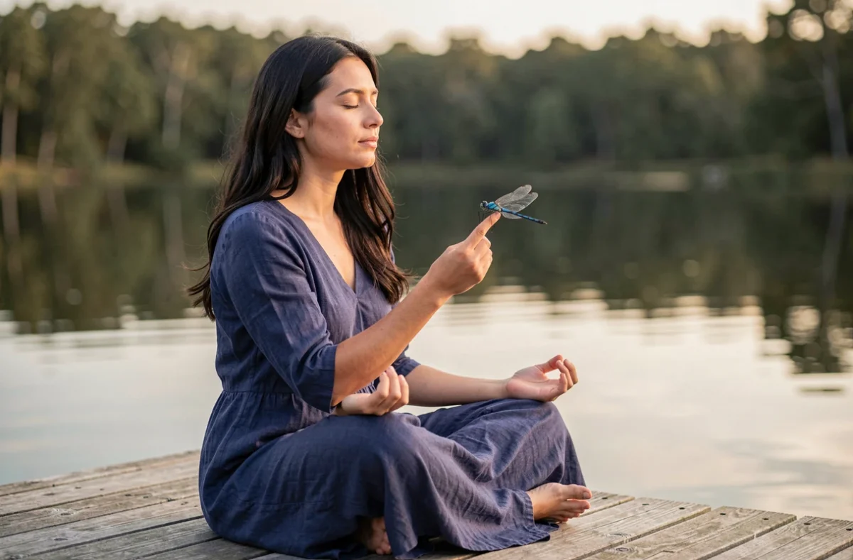 Femme en méditation avec une libellule bleue posée sur son doigt, évoquant l'énergie des chakras et l'aura