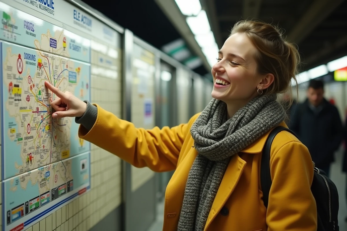 Jeune femme riant devant un plan du metro parisien coloré