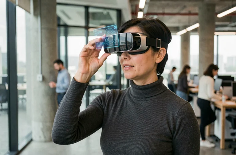 Femme testant un casque de réalité augmentée dans un bureau tech moderne, illustrant les dernières tendances technologiques