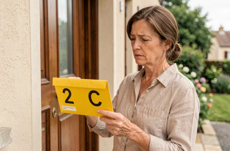 Femme tenant une enveloppe de recommandé 2C devant sa porte d'entrée, examinant l'adresse de l'expéditeur avec attention