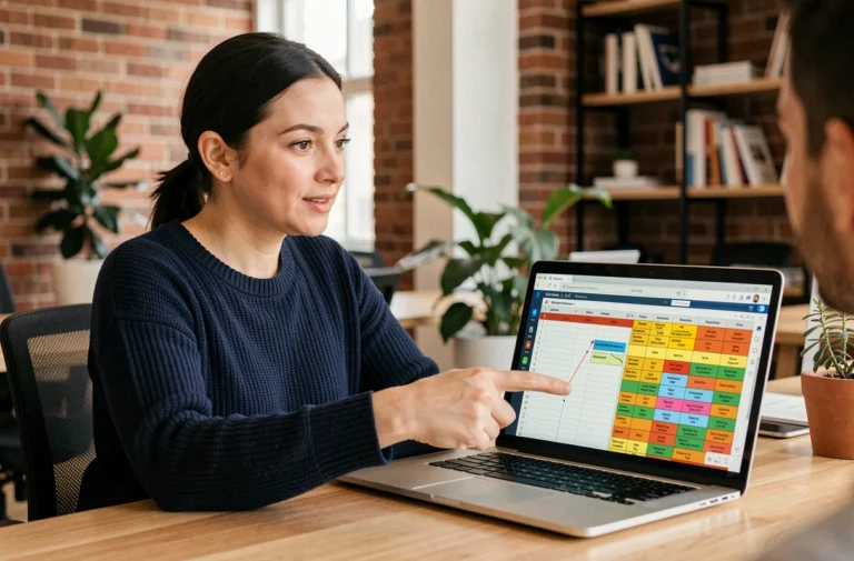 Femme utilisant un tableau collaboratif en ligne sur ordinateur portable dans un bureau moderne