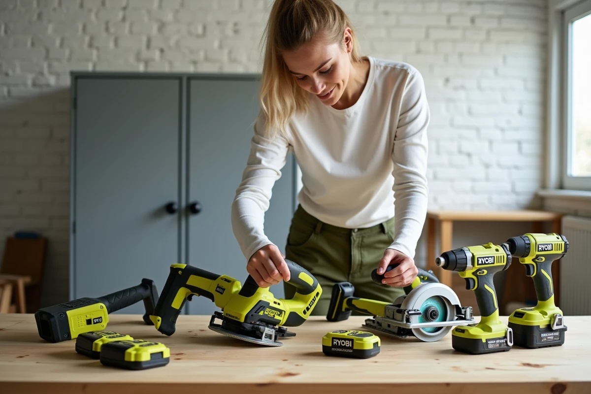 Gamme d'outils sans fil Ryobi 18V ONE+ disposés sur un établi moderne