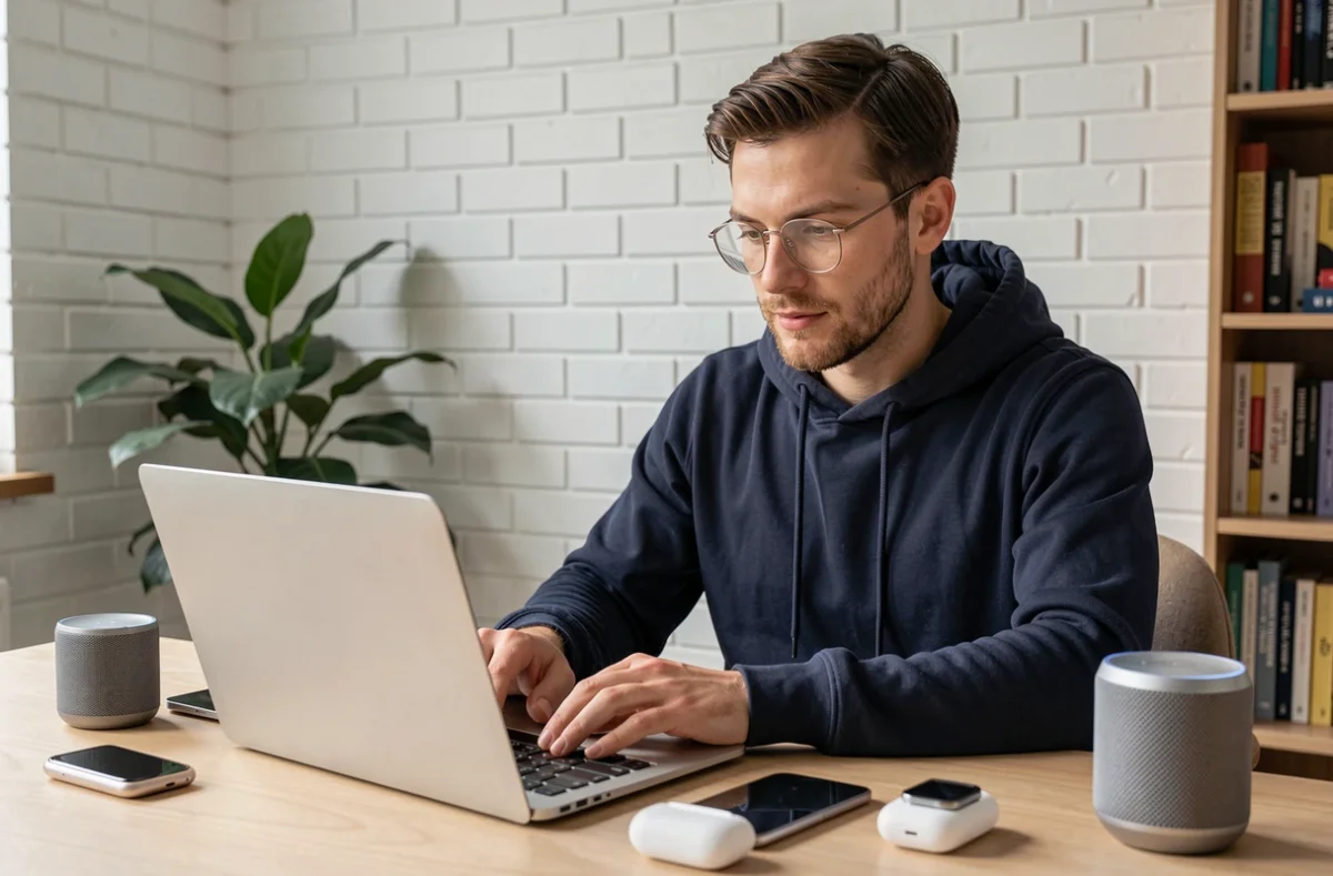 Jeune homme entouré d'appareils connectés dans un bureau à domicile, représentant l'écosystème des nouvelles technologies
