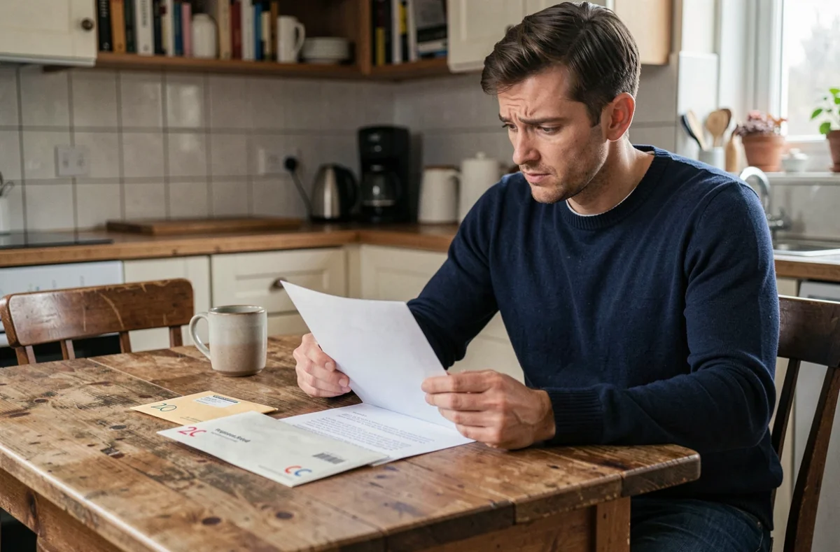 Homme lisant une lettre recommandée 2C à table dans sa cuisine, tentant d'identifier l'expéditeur du courrier officiel