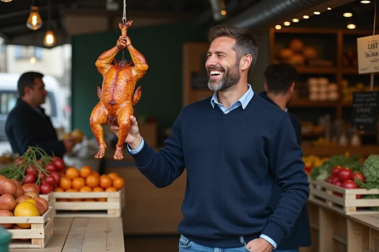 Homme souriant dans un marché parisien avec poulet rotis