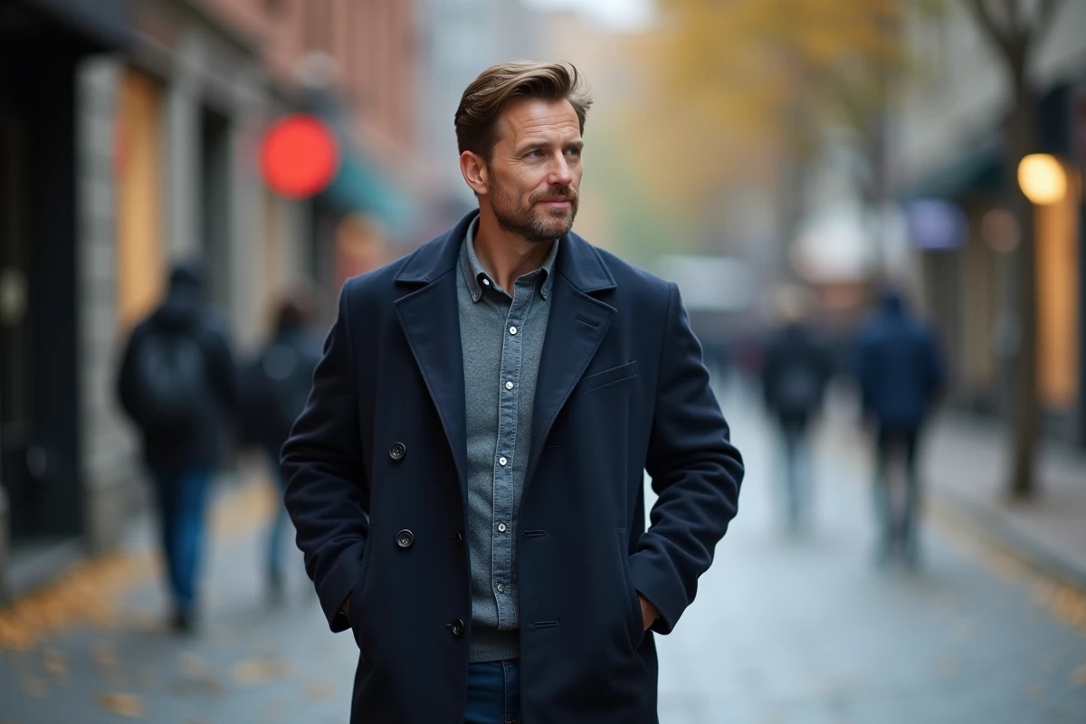 Homme pensant à quelqu'un dans la rue en automne, regard perdu dans ses pensées avec une expression douce et nostalgique